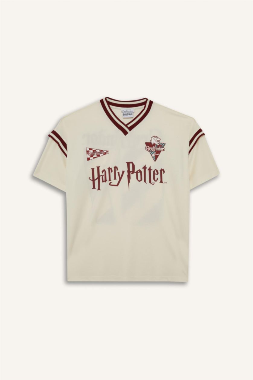 Kadın Ekru Harry Potter Oversize Geniş Kalıp V Yaka Kısa Kollu Tişört
