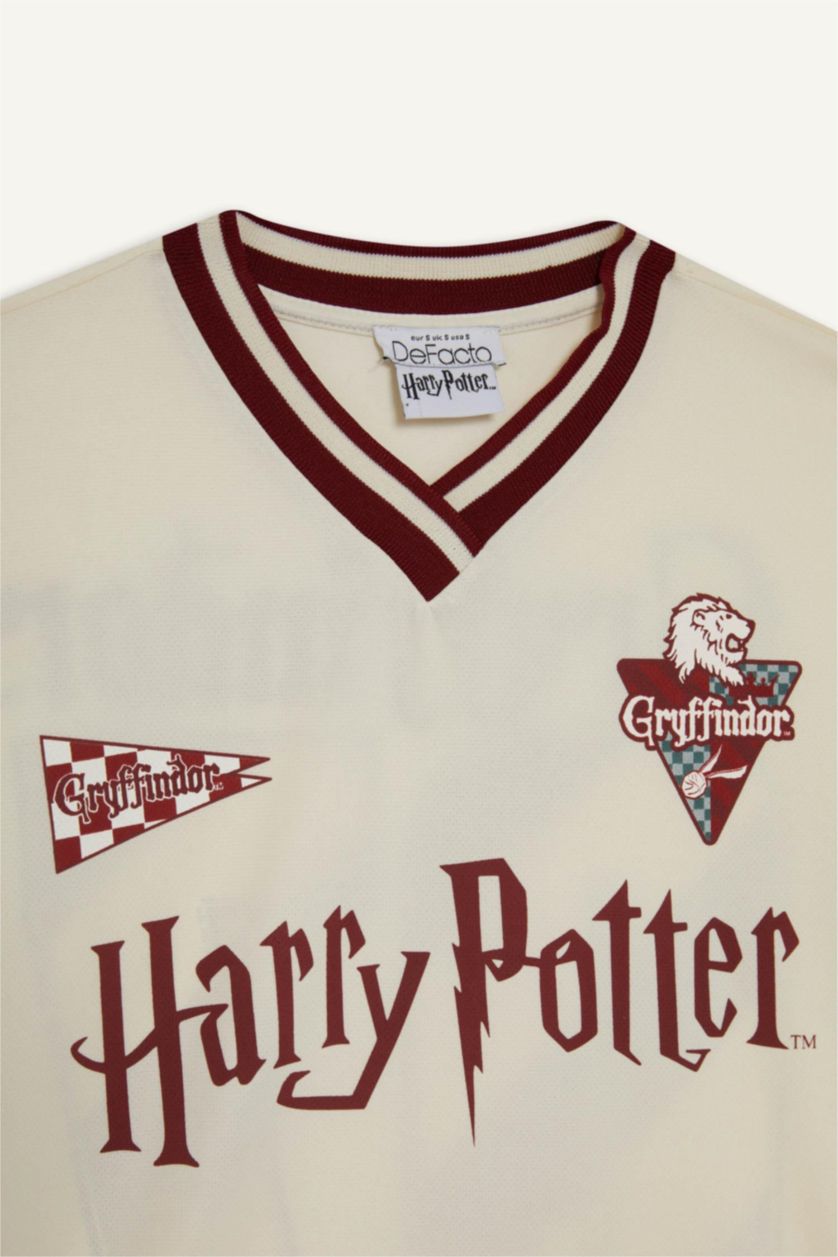 Kadın Ekru Harry Potter Oversize Geniş Kalıp V Yaka Kısa Kollu Tişört