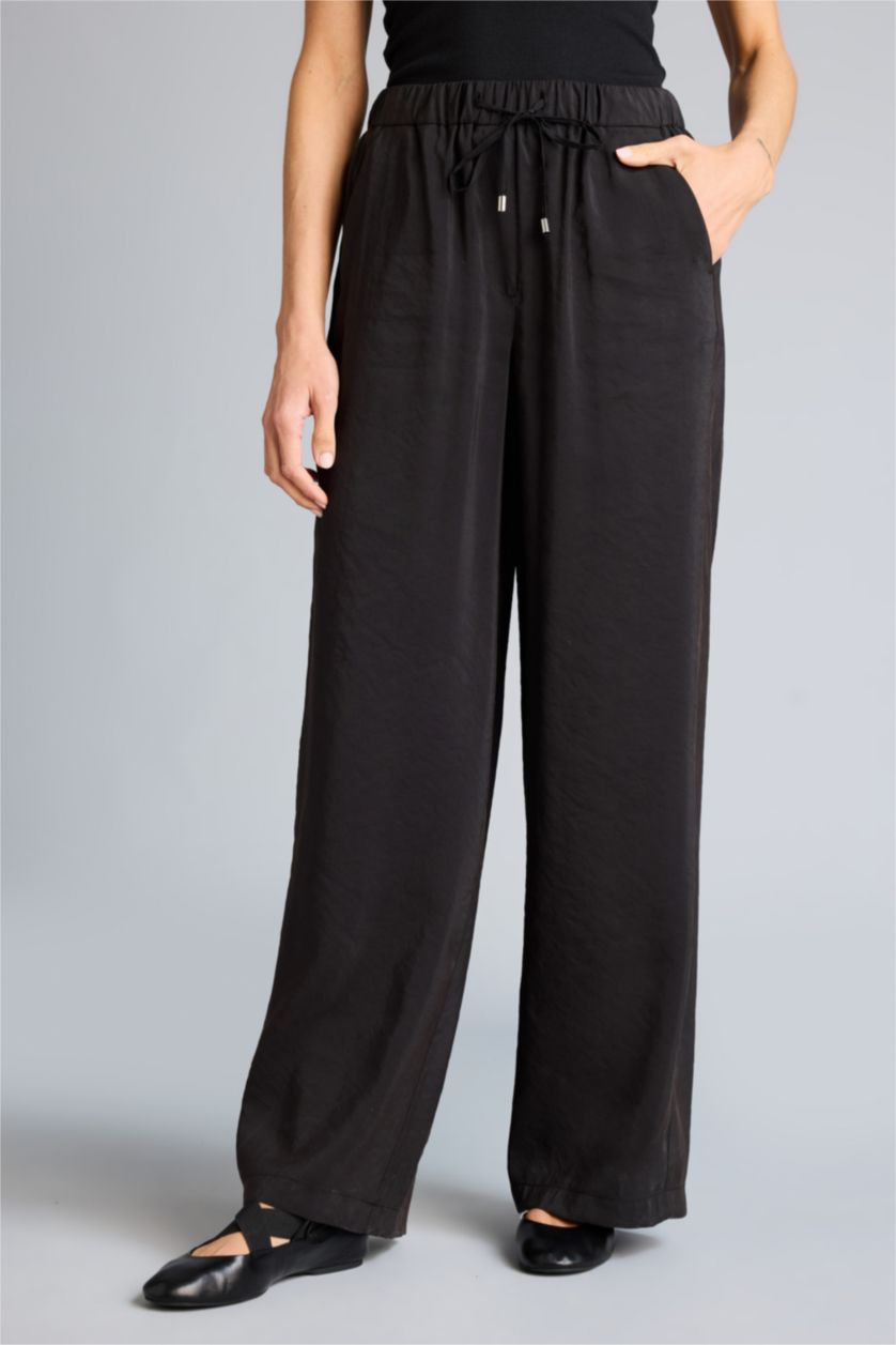 حريمي أسود بنطلون نسيج مشروط وايد ليج شارلستون بجيب مزدوج