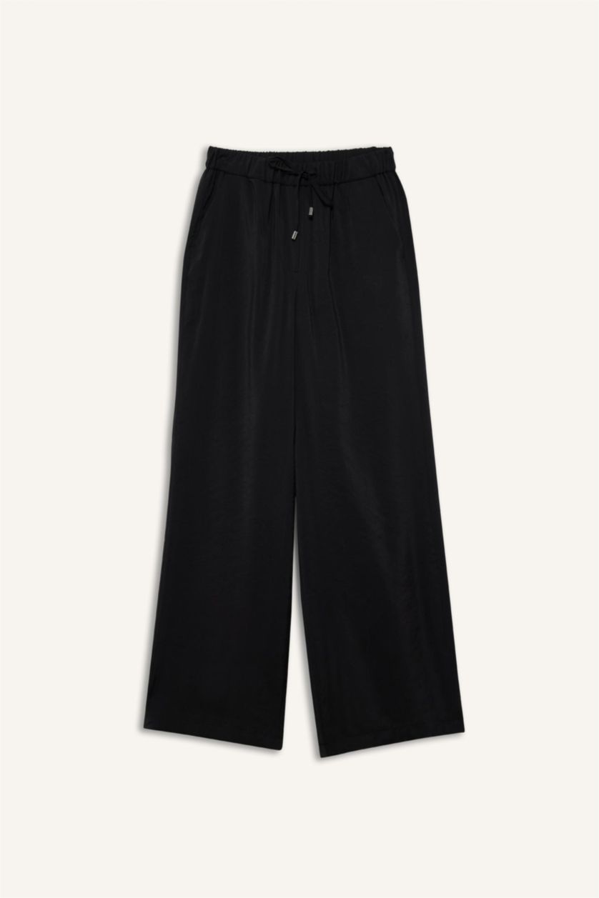 حريمي أسود بنطلون نسيج مشروط وايد ليج شارلستون بجيب مزدوج