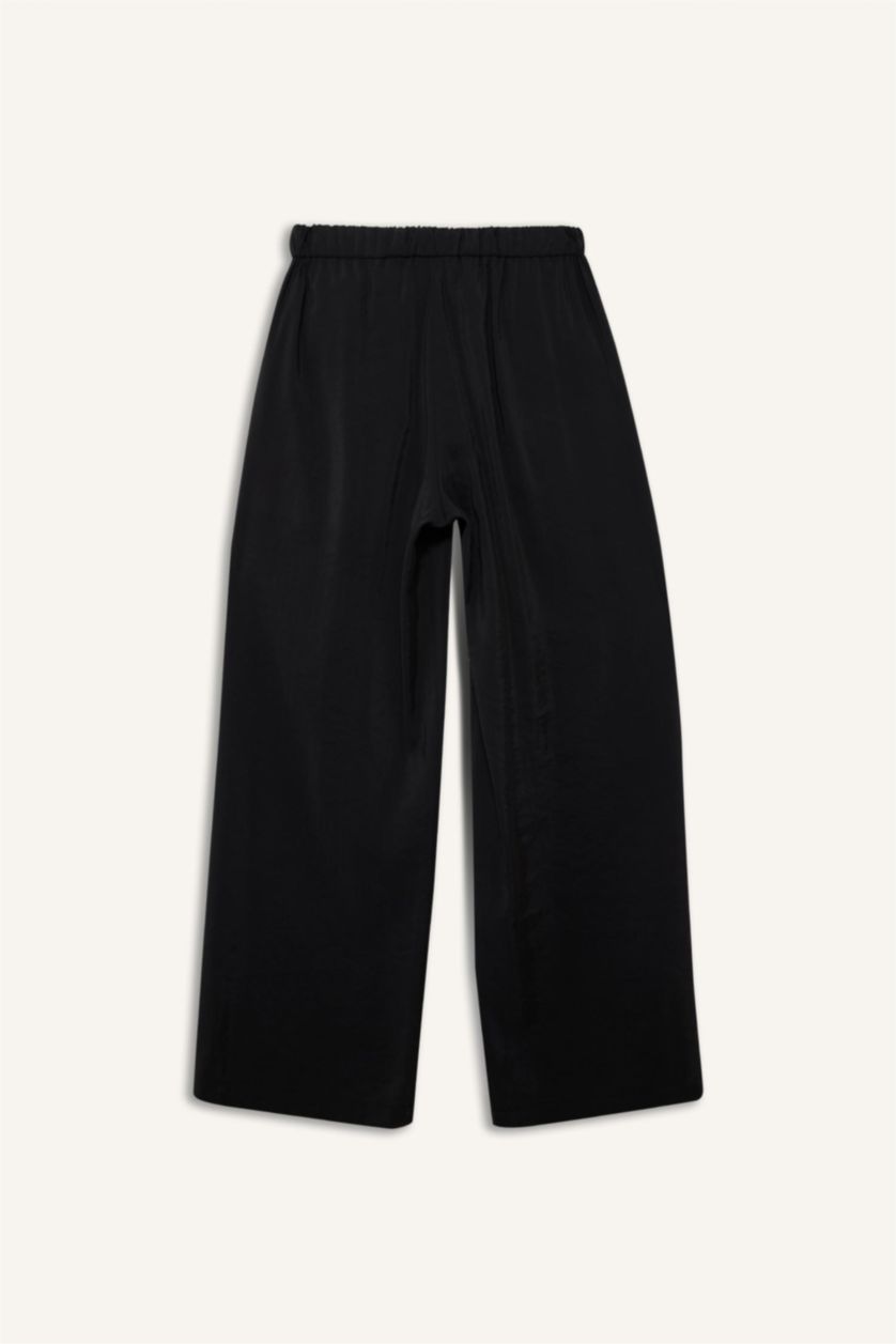 حريمي أسود بنطلون نسيج مشروط وايد ليج شارلستون بجيب مزدوج