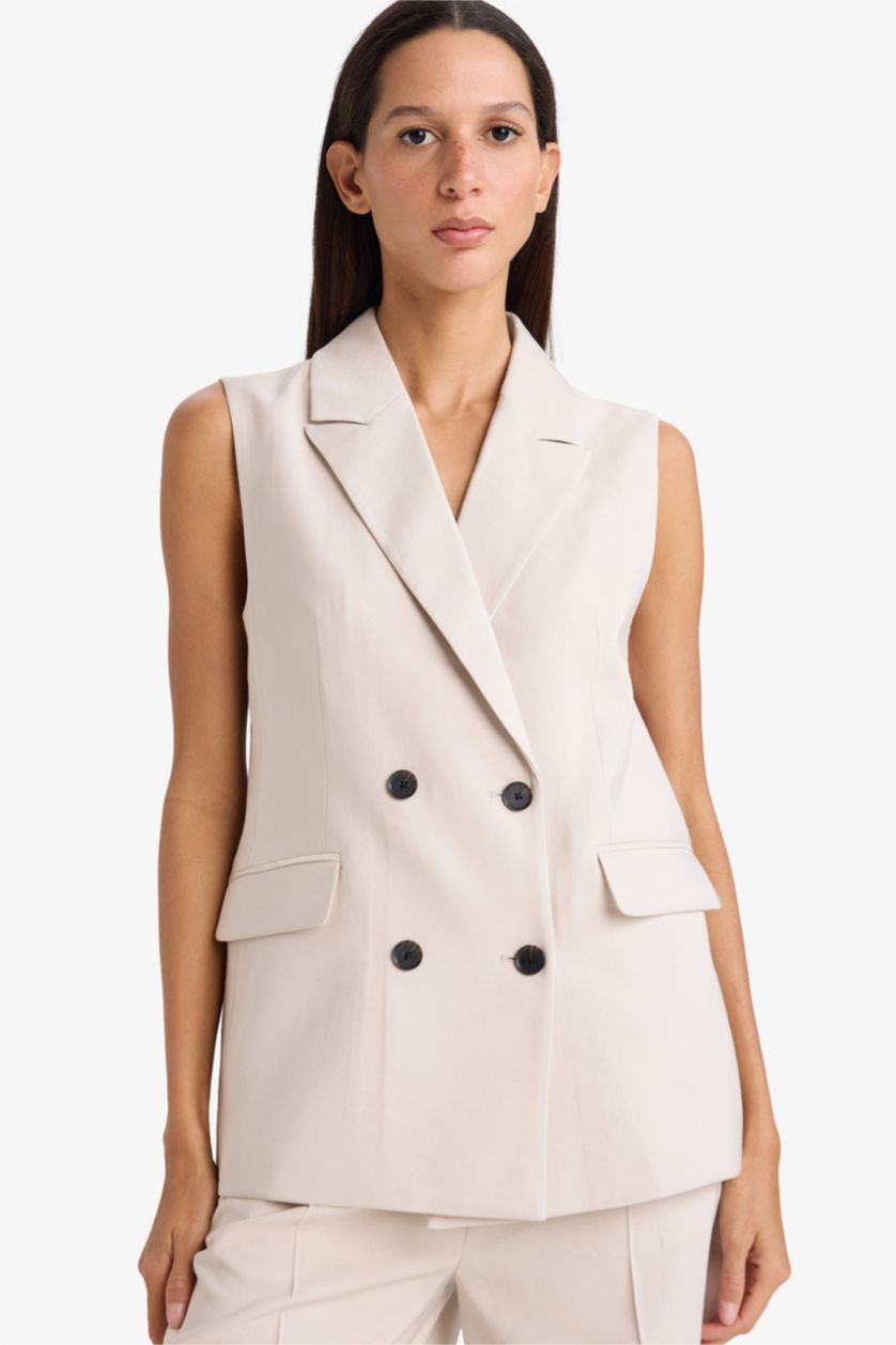 WOMAN Beige Regular Fit Jacket Collar Viscose Vest