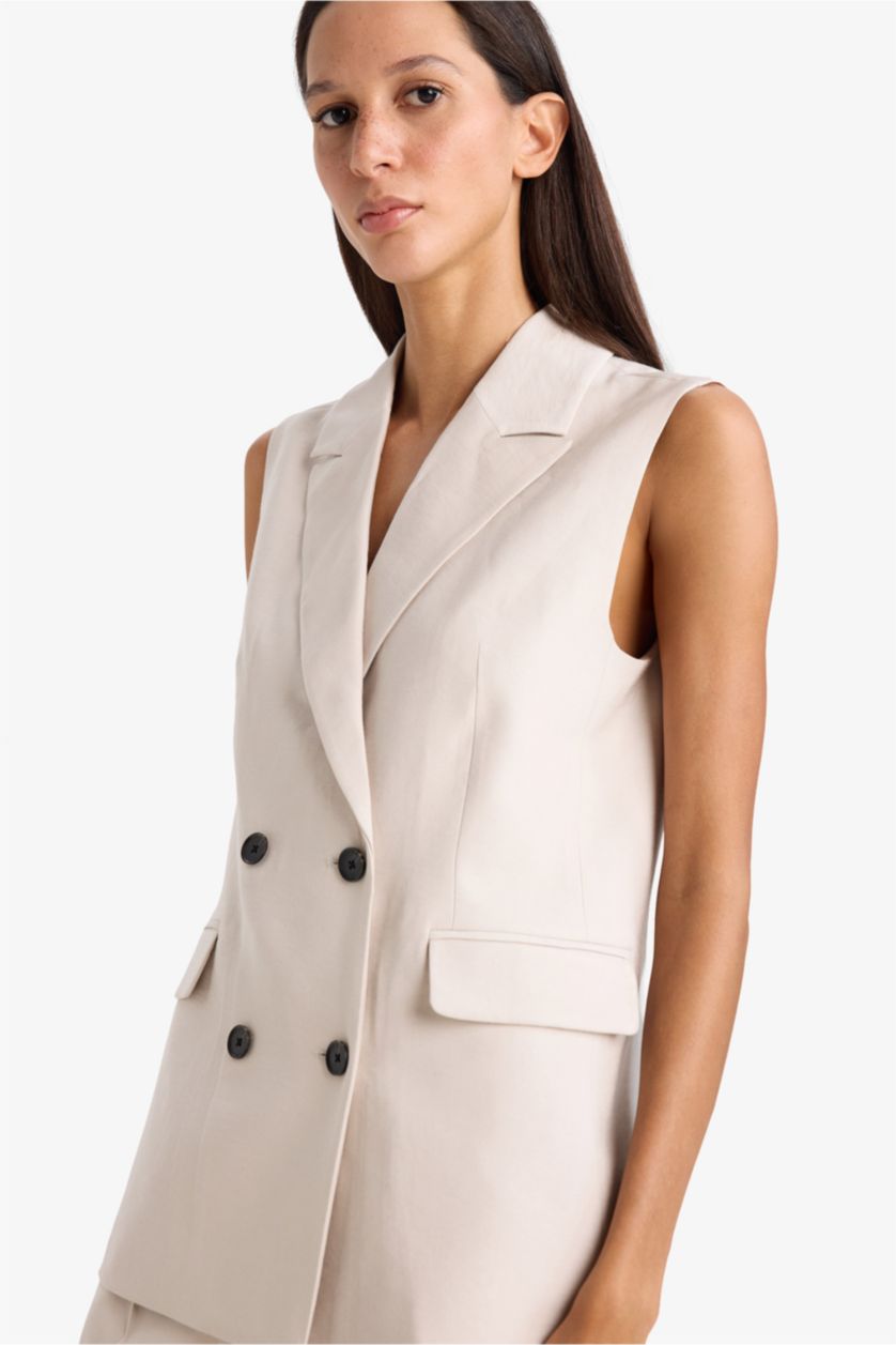WOMAN Beige Regular Fit Jacket Collar Viscose Vest