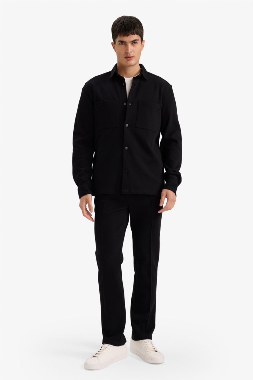 Man Black قميص ردن طويل قصة عادية وياخة بولو