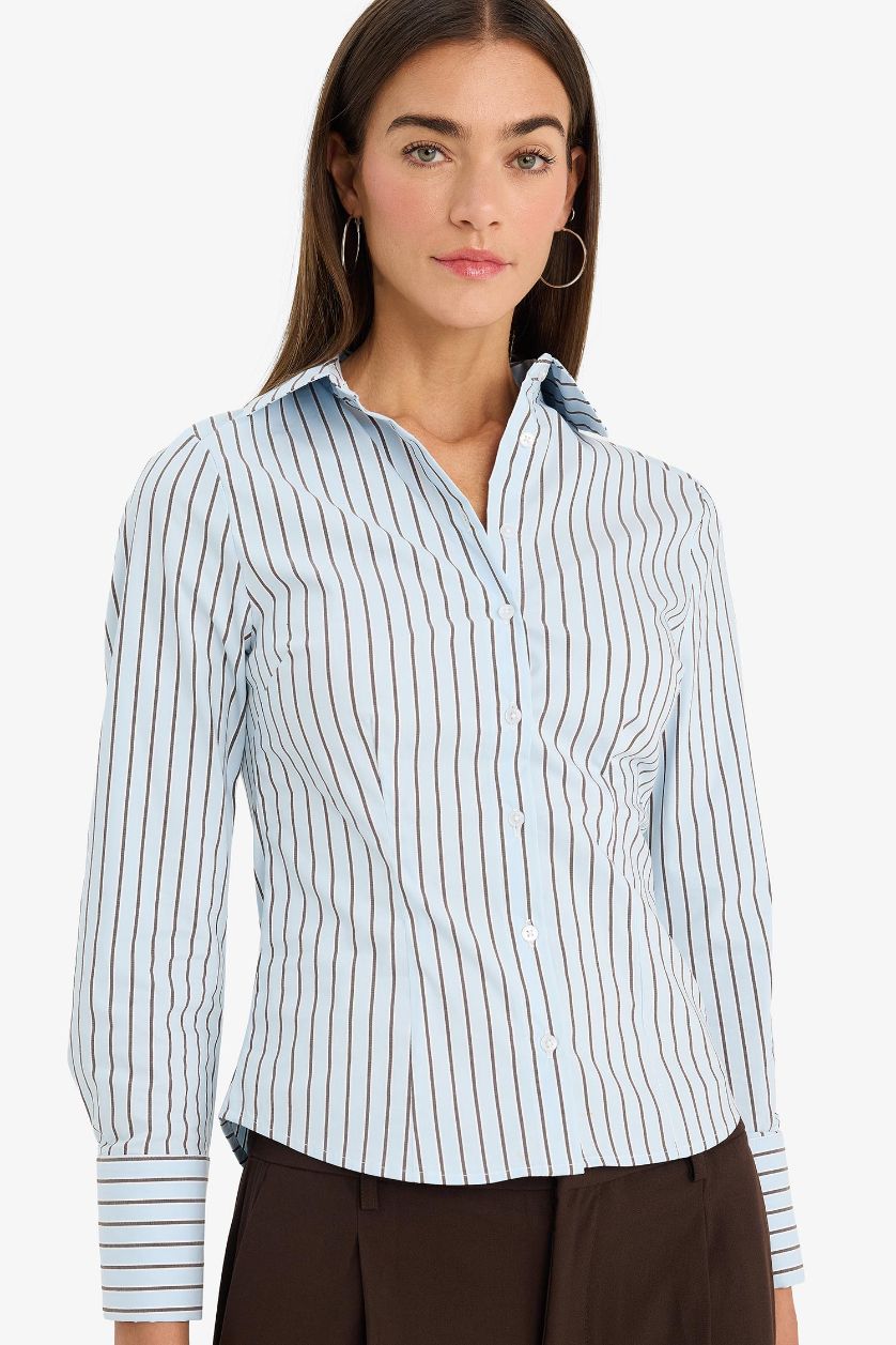 WOMAN Light Blue Fitted Striped Poplin Shirt