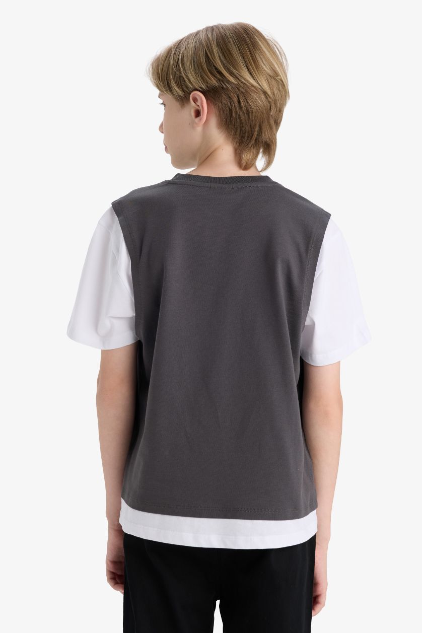 Erkek Çocuk - Genç Erkek Antrasit Oversize Geniş Kalıp Bisiklet Yaka Baskılı Kısa Kollu Tişört Erkek Çocuk