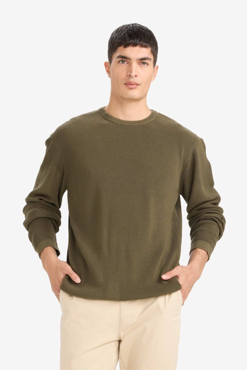 Erkek Koyu Haki Standart Fıt Triko Kazak