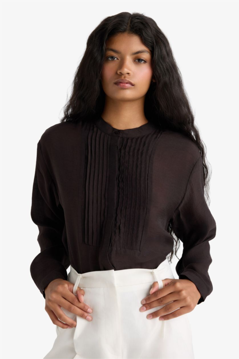 WOMAN Brown Oversize Fit Grandad Collar Sensual Long Sleeve Shirt