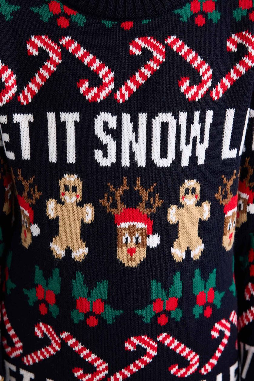 Erkek Çocuk - Genç Erkek Lacivert Yılbaşı Temalı Bisiklet Yaka Triko Kazak Erkek Çocuk