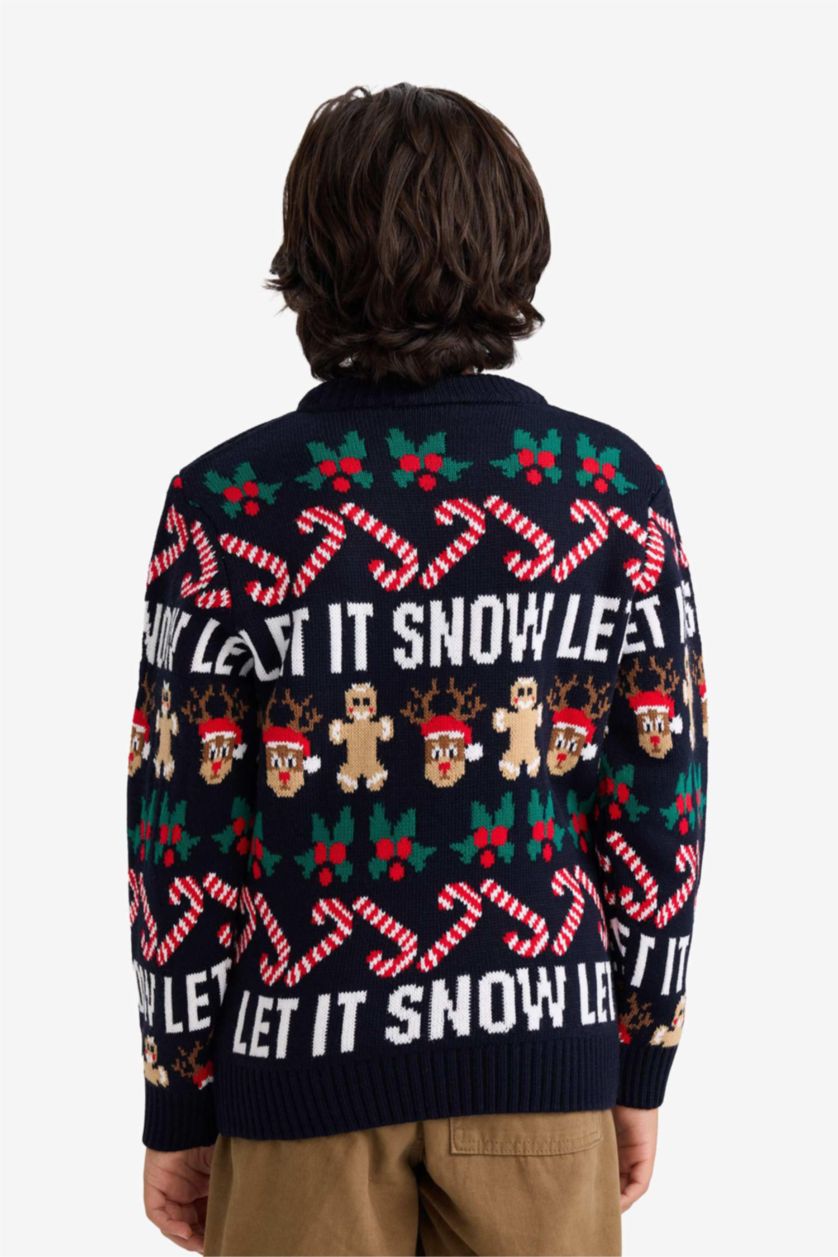 Erkek Çocuk - Genç Erkek Lacivert Yılbaşı Temalı Bisiklet Yaka Triko Kazak Erkek Çocuk