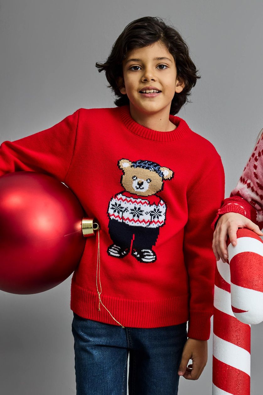 أولادي أحمر بلوفر اولادي تريكو قصة عادية وطبعة كريسماس