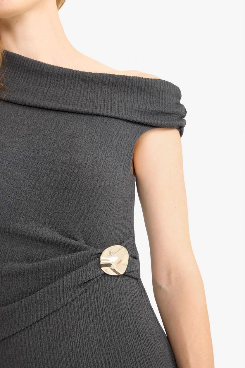 Kadın Antrasit Regular Fit Bürümcük Tek Omuzlu Midi Elbise