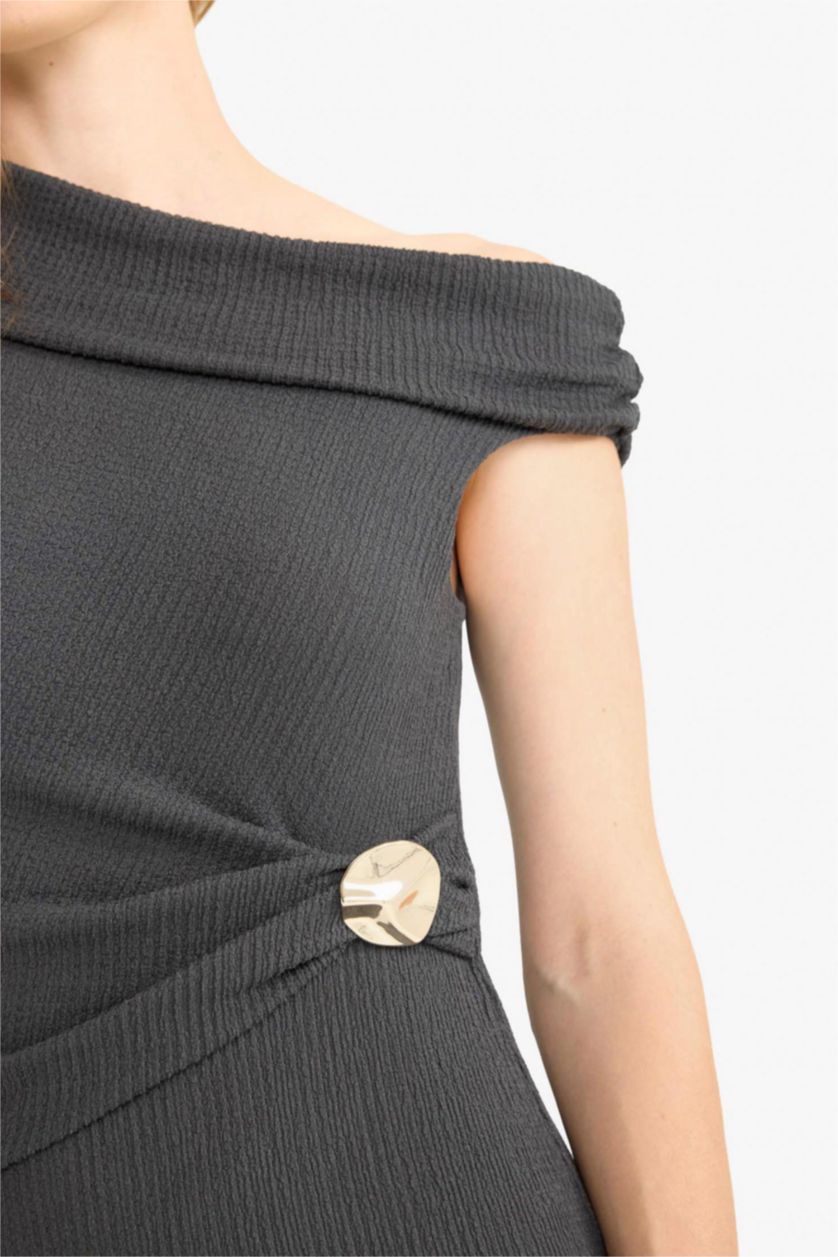 FEMME Anthracite Robe mi-longue côtelée asymétrique Coupe régulière