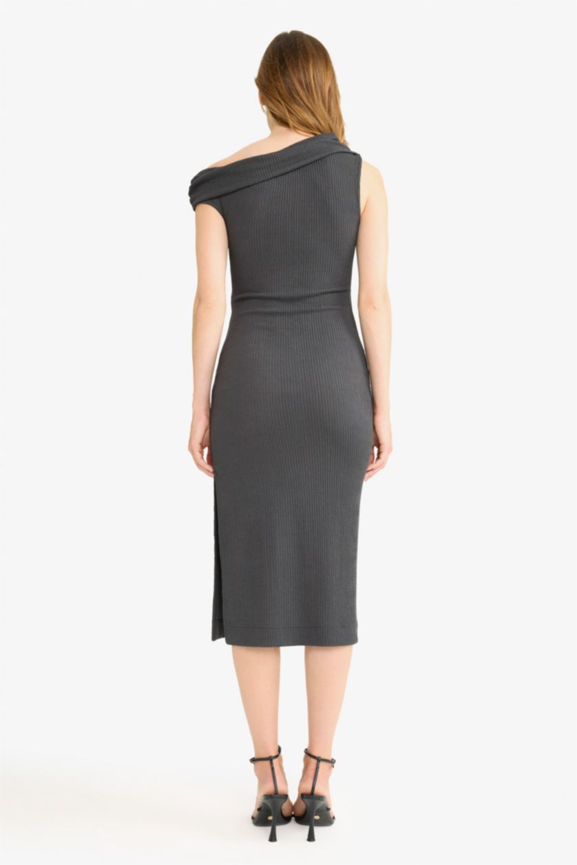 Kadın Antrasit Regular Fit Bürümcük Tek Omuzlu Midi Elbise