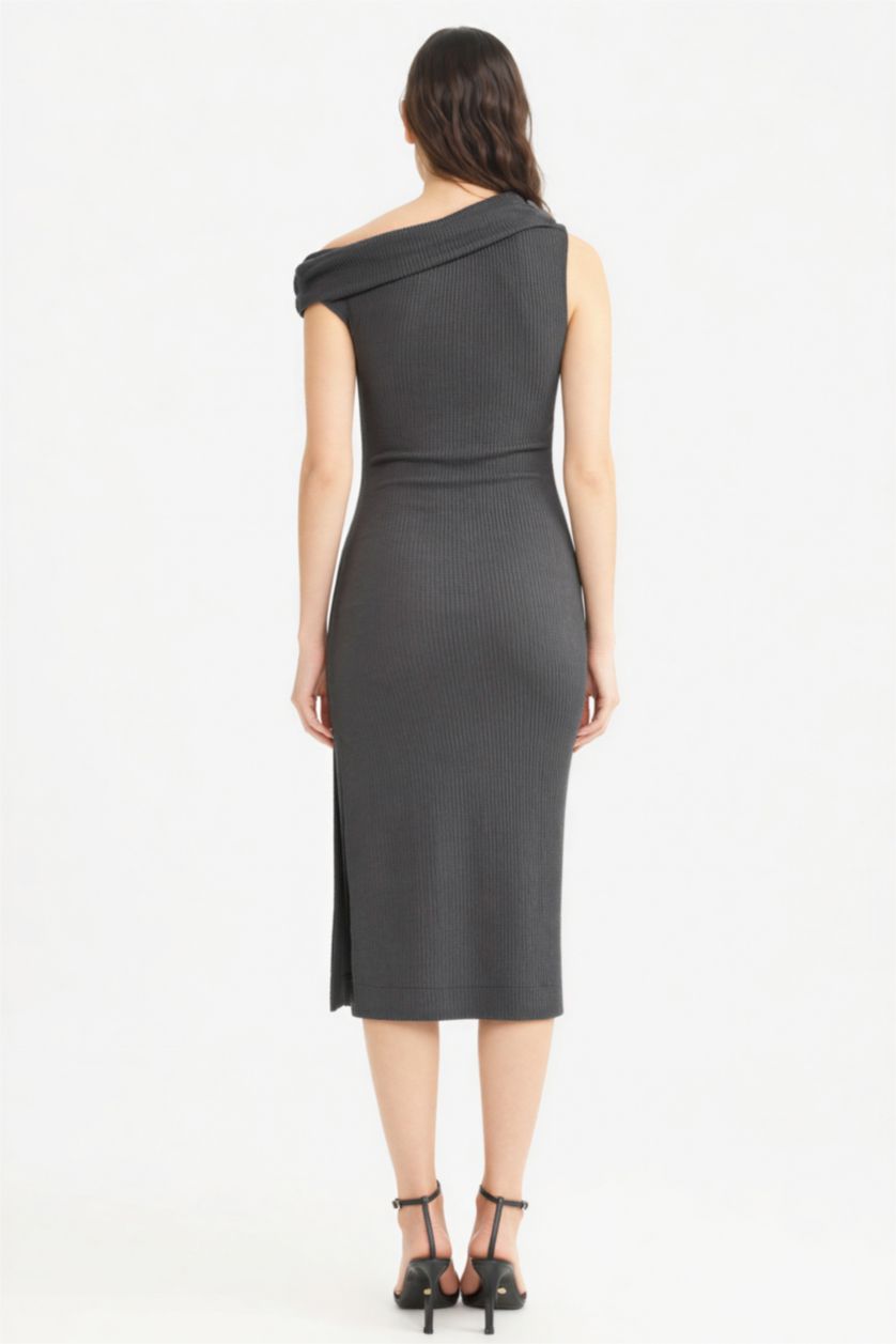 FEMME Anthracite Robe mi-longue côtelée asymétrique Coupe régulière