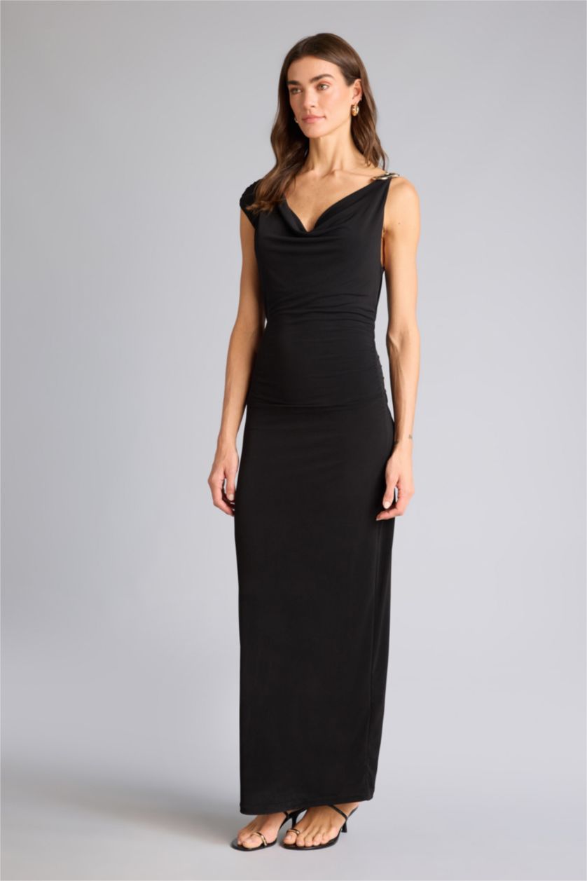 Woman Black Regular Fit Cowl Neck Sleeveless Dress