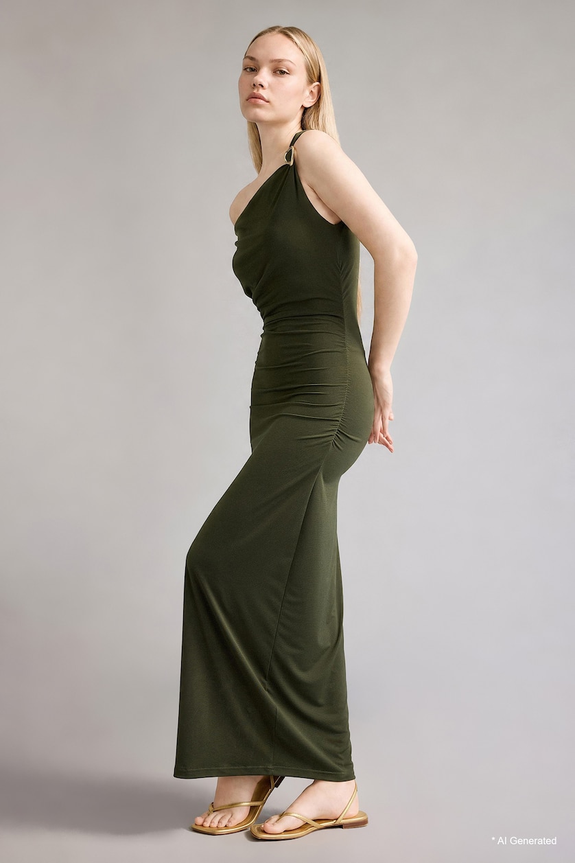Women Khaki Regular Fit Cowl Neck Sleeveless Dress