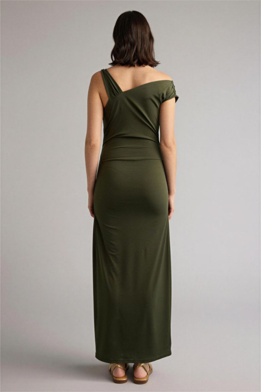 Женщины Хаки Платье с коротким рукавом стандартного кроя с воротником хомут