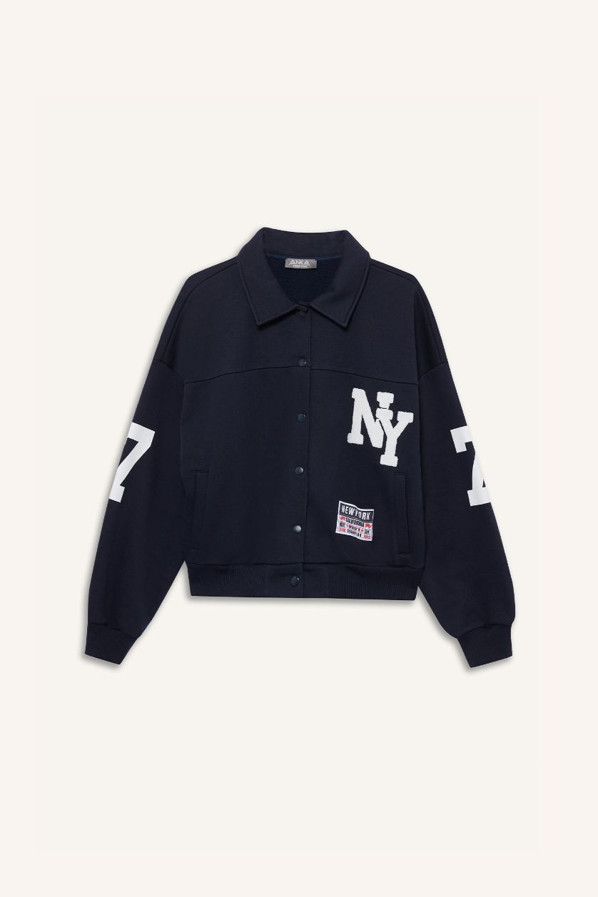 Woman NAVY Polo Collar Printed Bomber Jacket