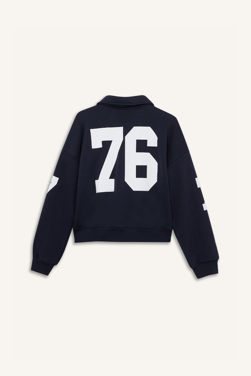 Woman NAVY Polo Collar Printed Bomber Jacket