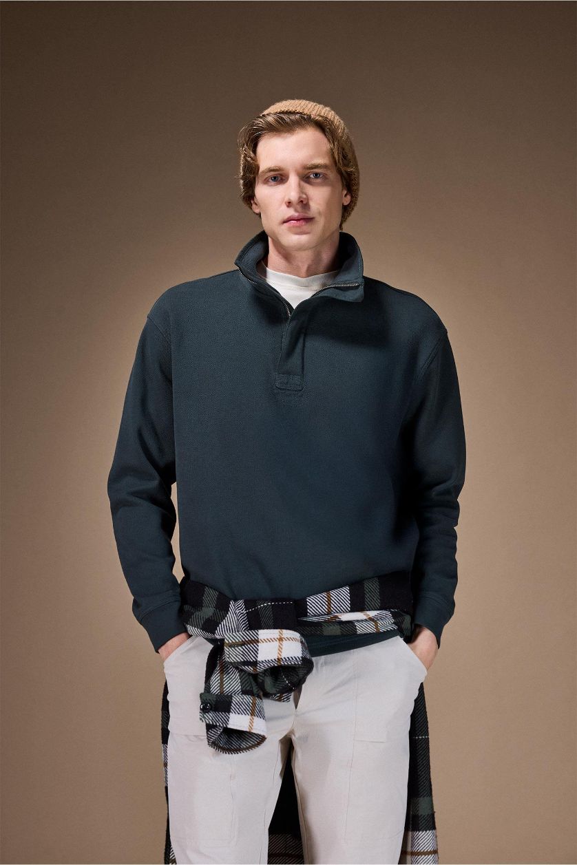 رجالي أخضر غامق سويت شيرت قصة عادية بسوستة نصفي