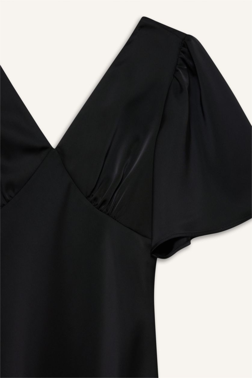 Женщины Черный Платье с коротким рукавом стандартного кроя с V-образным вырезом из сатина