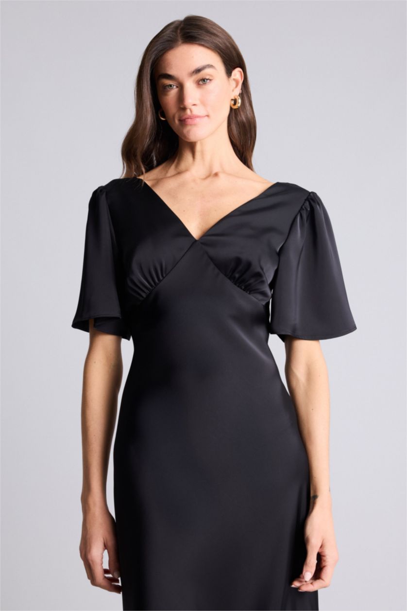 حريمي أسود فستان ستان نص كم قصة عادية بياقة V