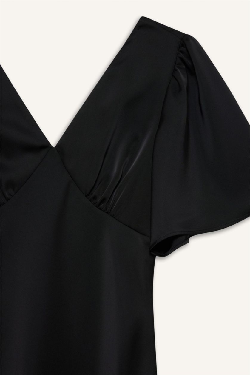 حريمي أسود فستان ستان نص كم قصة عادية بياقة V