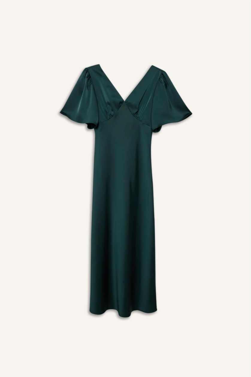 WOMAN Dark Green Regular Fit V-Neck Satin Dress