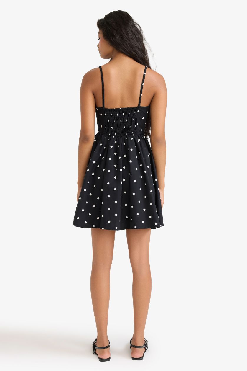 Kadın Siyah Bisiklet Yaka Poplin Askılı Mini Puantiyeli Elbise 