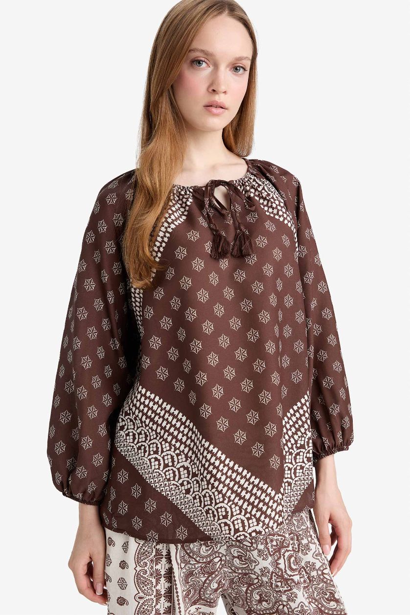 نساء بني بلوزة ردن طويل قصة مريحة بياقة مستديرة