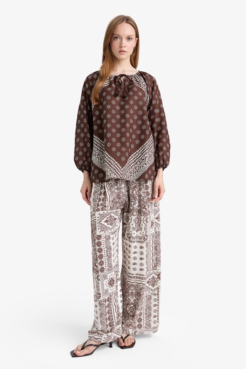 نساء بني بلوزة ردن طويل قصة مريحة بياقة مستديرة