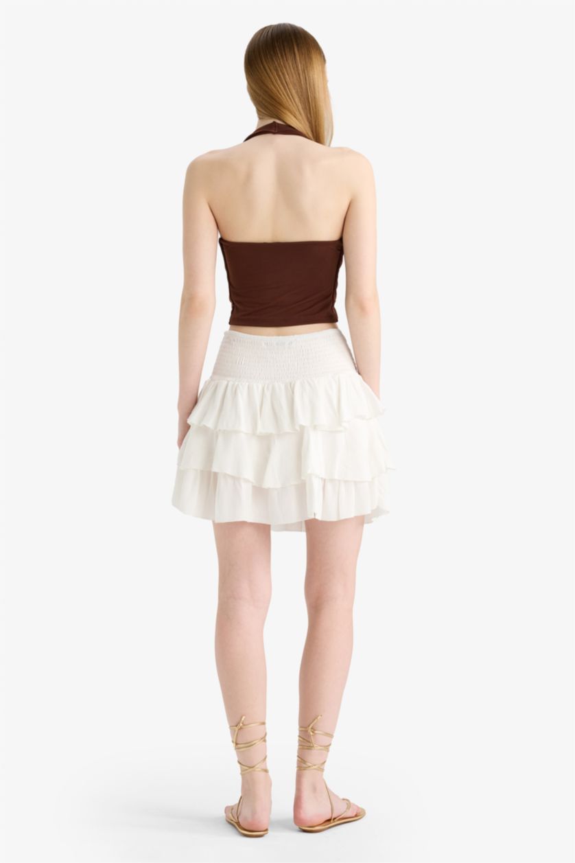 Woman Ecru Normal Waist Crinkle Flounce Viscose Mini Skirt