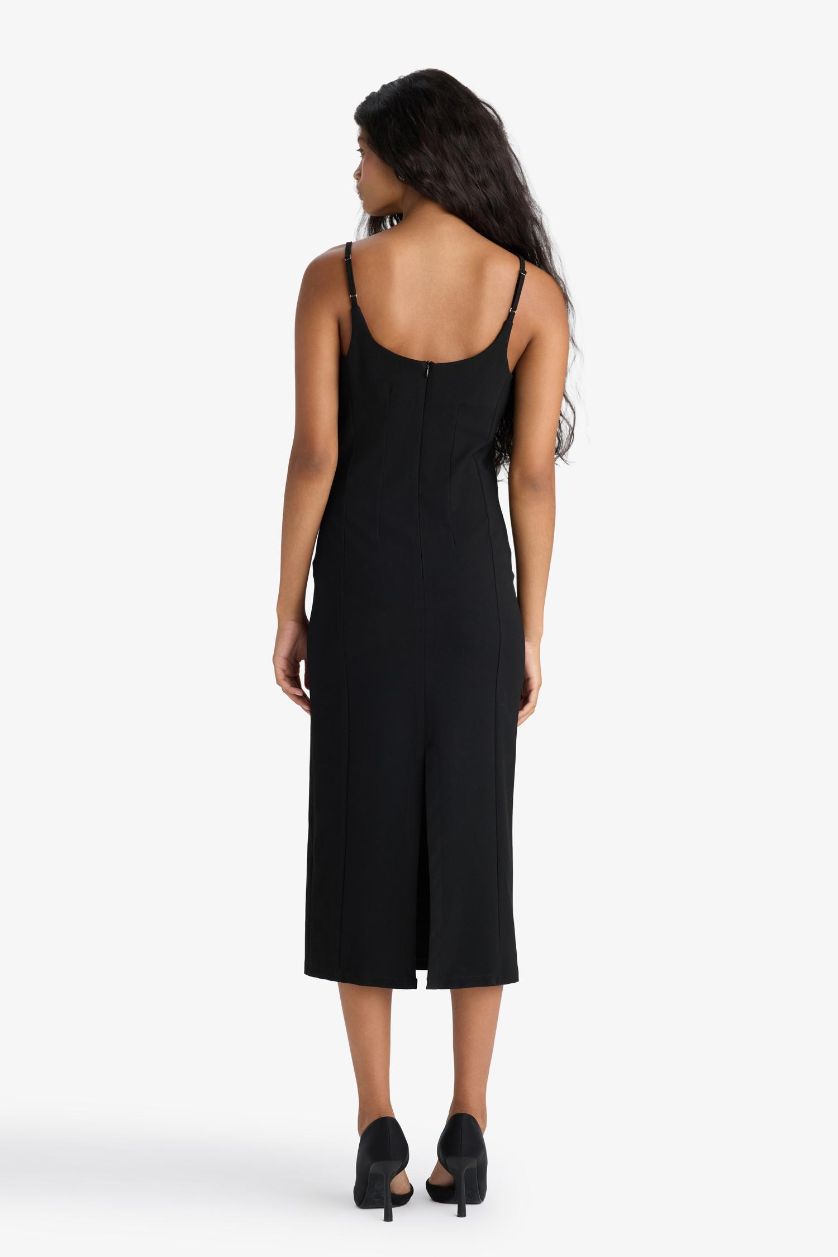 Kadın Siyah Bodycon Vücudu Saran İnce Askılı Midi Elbise 