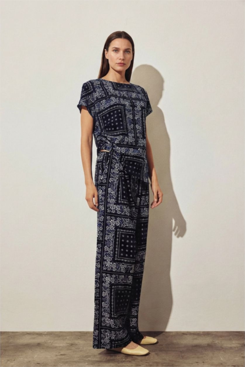Women NAVY Wide Leg Linen Blended Trousers