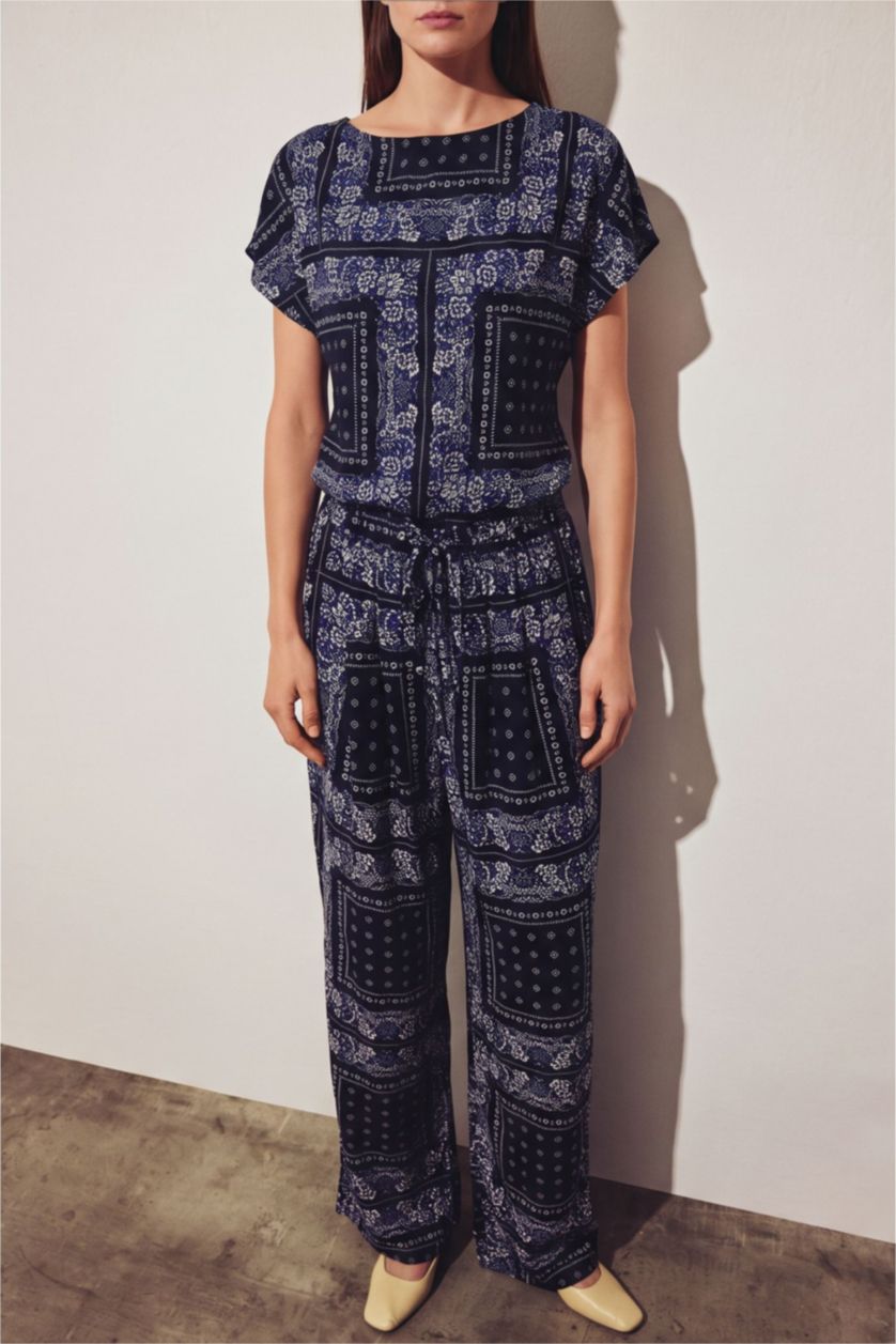 Women NAVY Wide Leg Linen Blended Trousers