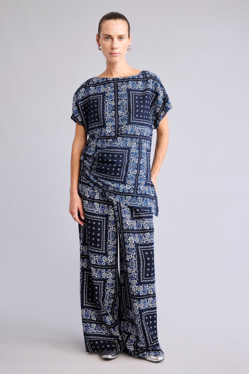WOMAN NAVY Wide Leg Linen Blended Trousers