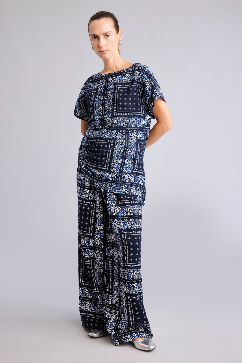 WOMAN NAVY Wide Leg Linen Blended Trousers