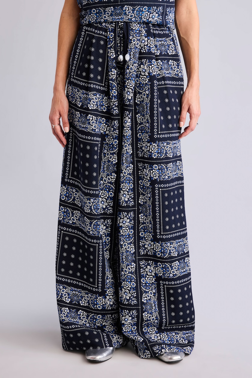WOMAN NAVY Wide Leg Linen Blended Trousers