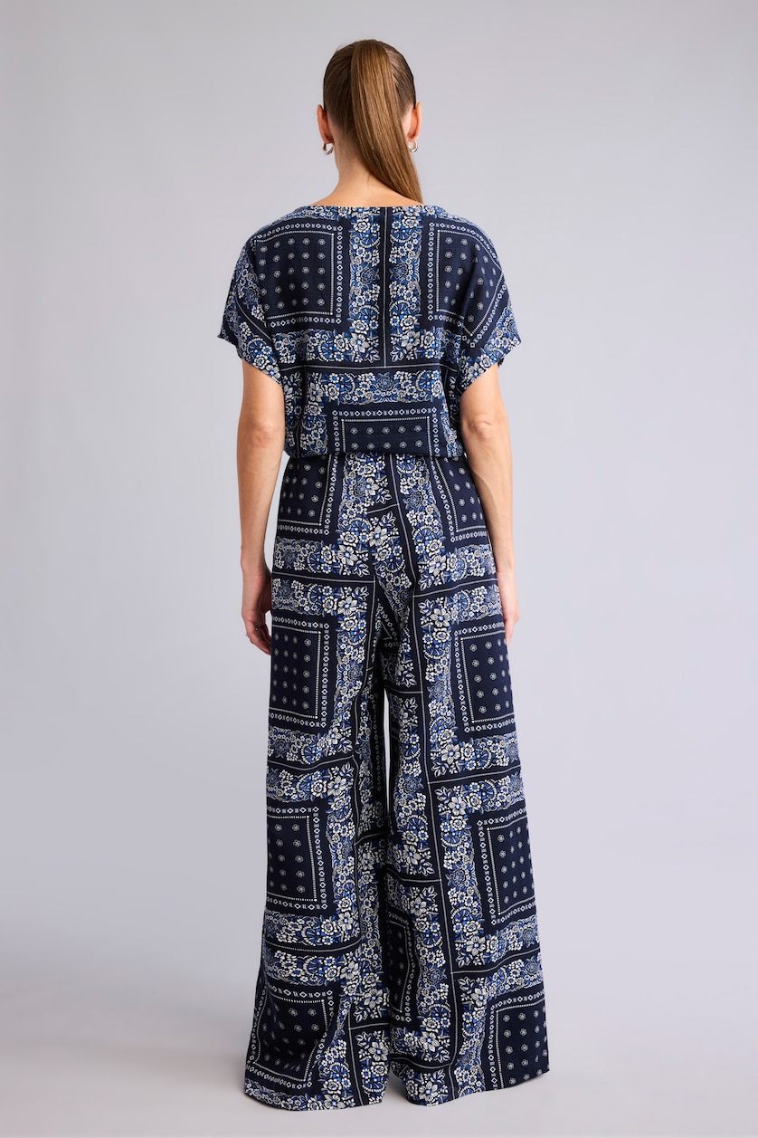 WOMAN NAVY Wide Leg Linen Blended Trousers