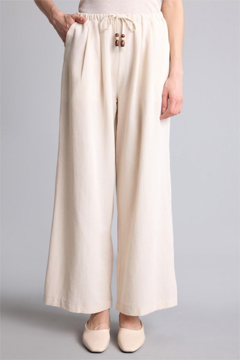 نساء اللون الحجري بنطرون من مزيج الكتان وايد ليج برجل واسع