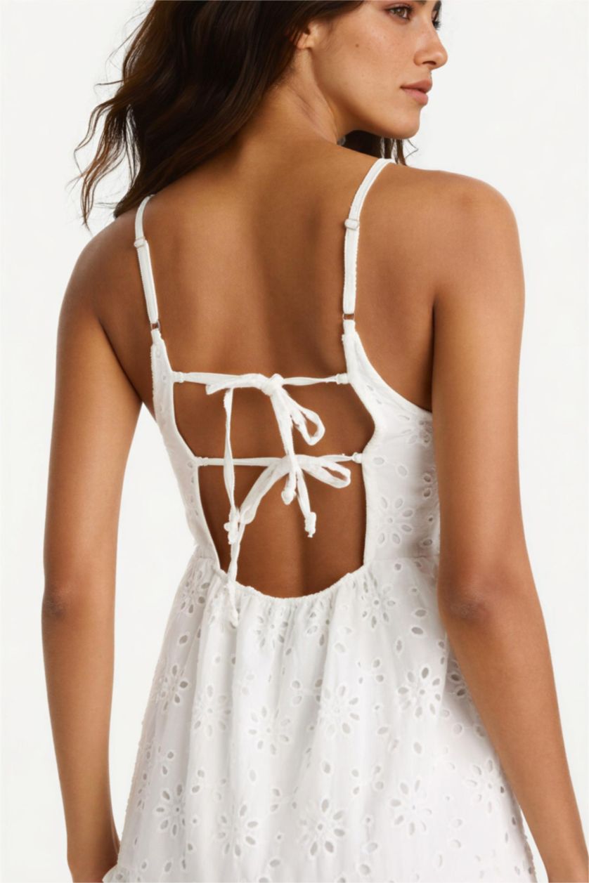 Woman White Heart Collar Terry Cotton Short Sleeve Midi Dress