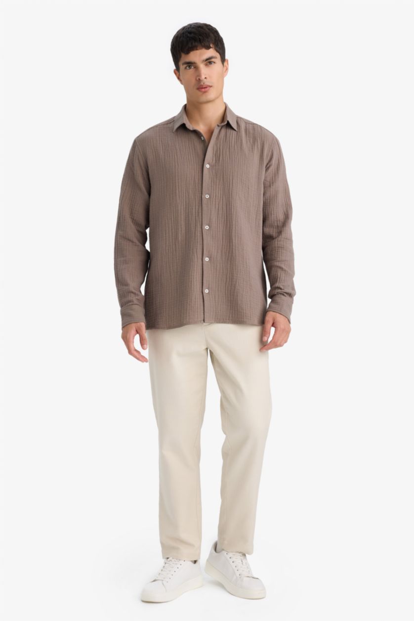 Erkek Kahve Regular Fıt Pamuklu Gömlek