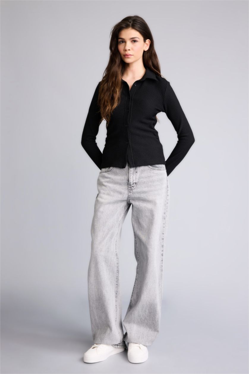 Woman Black Slim Fit Shirt Collar Long Sleeve Shirt