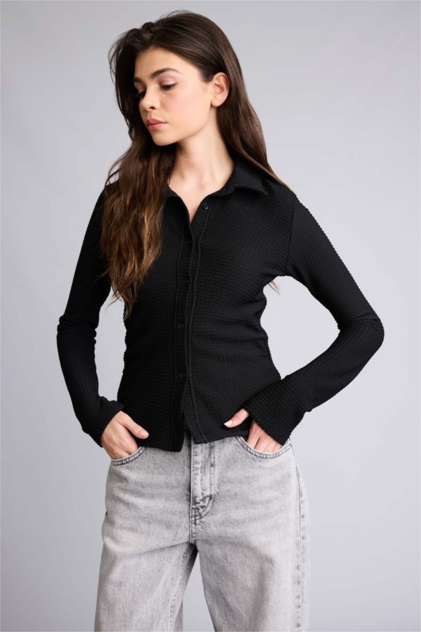 Woman Black Slim Fit Shirt Collar Long Sleeve Shirt