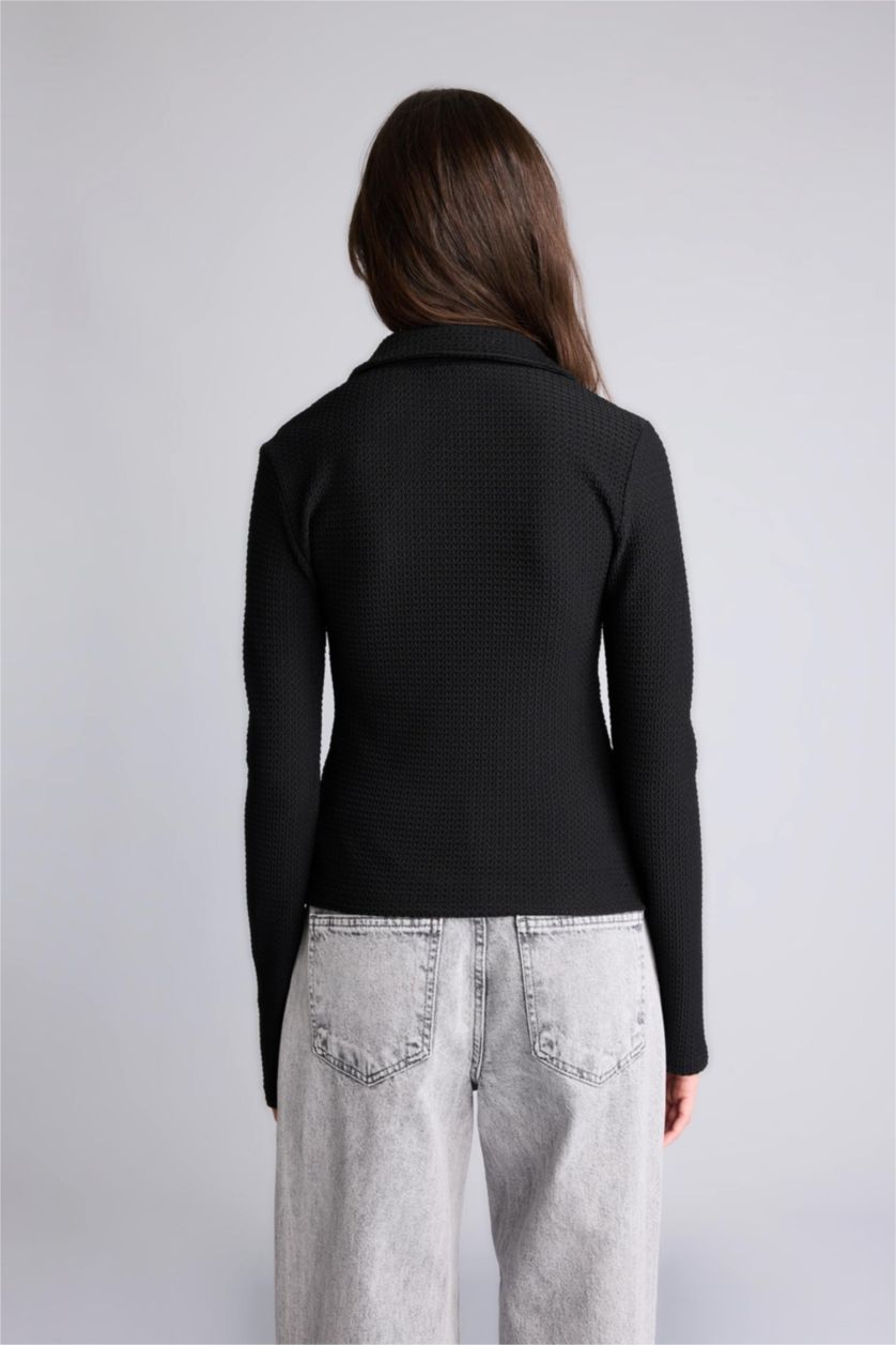 Woman Black Slim Fit Shirt Collar Long Sleeve Shirt