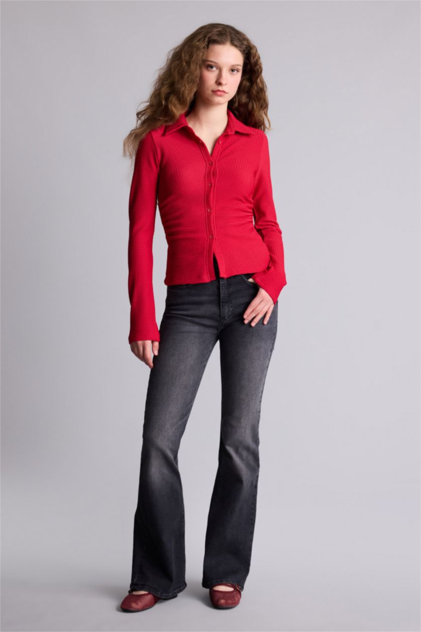 حريمي أحمر قميص منسوج كم طويل سليم فيت