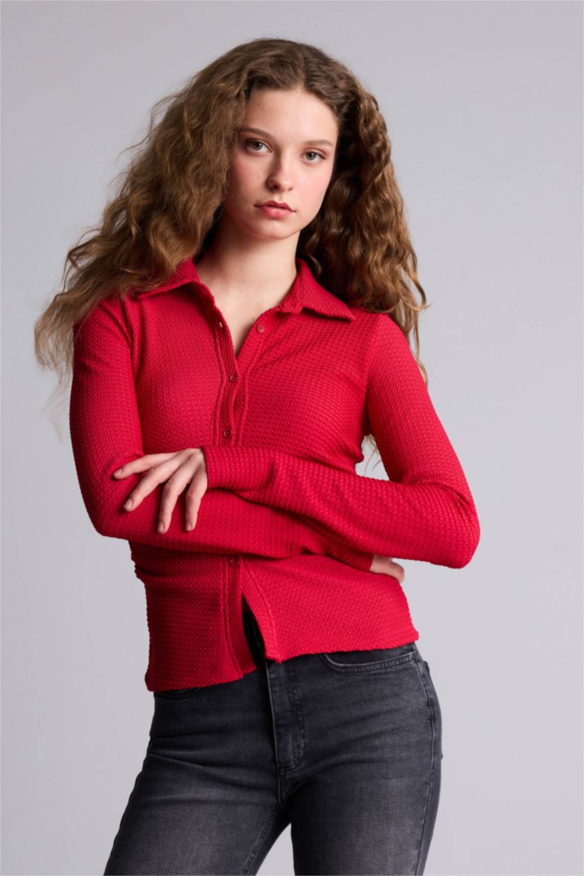 حريمي أحمر قميص منسوج كم طويل سليم فيت