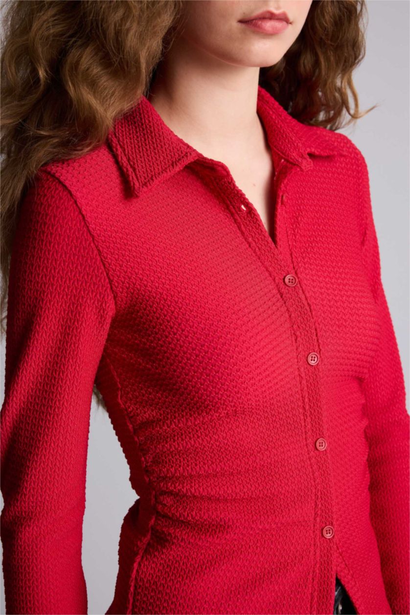 حريمي أحمر قميص منسوج كم طويل سليم فيت