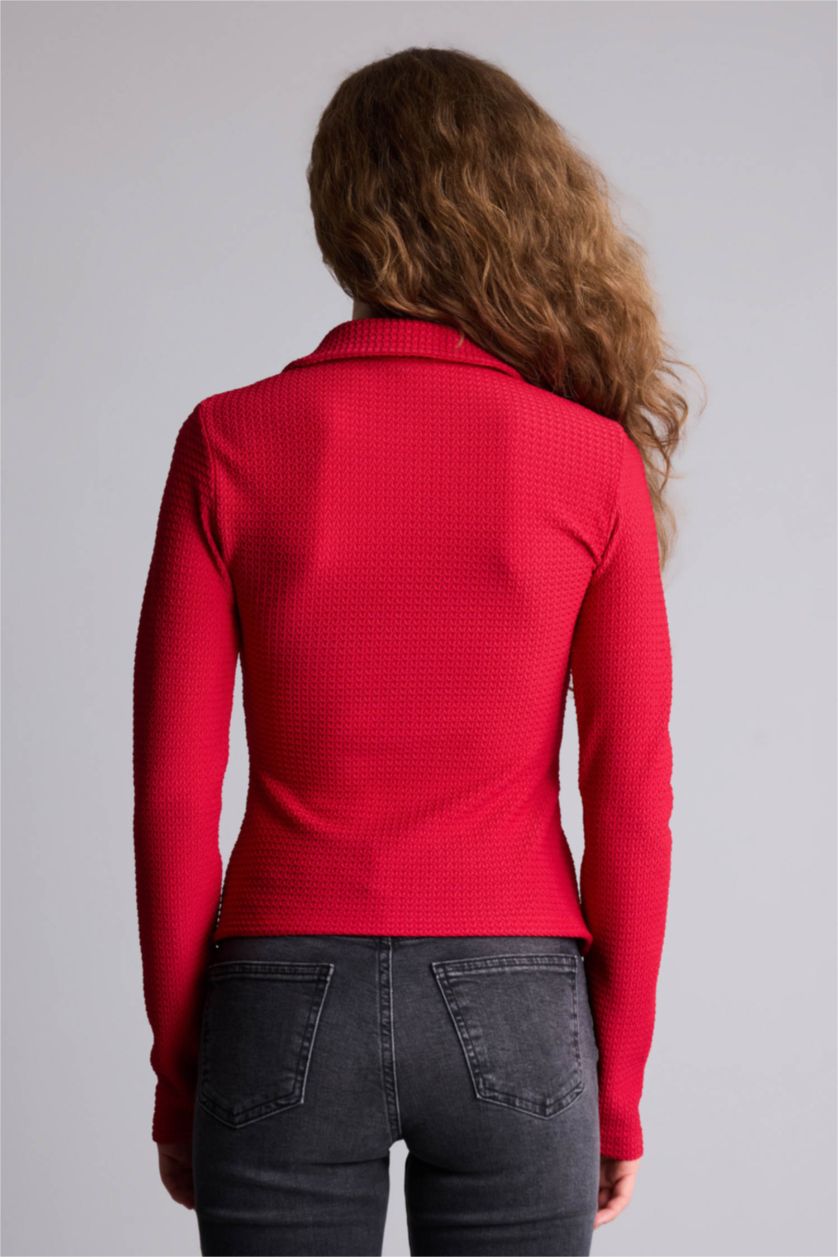 حريمي أحمر قميص منسوج كم طويل سليم فيت